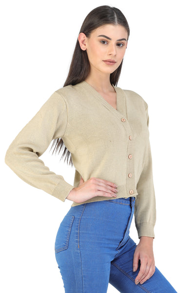 FEMULA V- Neck Women Full Sleeves Stitched Ready to Wear Woolen Blouse (Light Biscuit)