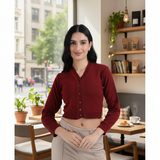 FEMULA V- Neck Women Full Sleeves Stitched Ready to Wear Woolen Blouse ( Maroon )