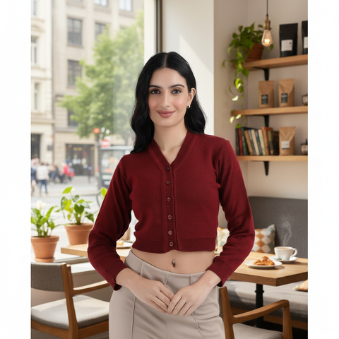 FEMULA V- Neck Women Full Sleeves Stitched Ready to Wear Woolen Blouse ( Maroon )