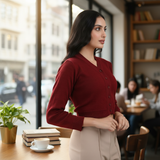 FEMULA V- Neck Women Full Sleeves Stitched Ready to Wear Woolen Blouse ( Maroon )