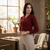 FEMULA V- Neck Women Full Sleeves Stitched Ready to Wear Woolen Blouse ( Maroon )