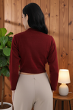 FEMULA V- Neck Women Full Sleeves Stitched Ready to Wear Woolen Blouse ( Maroon )