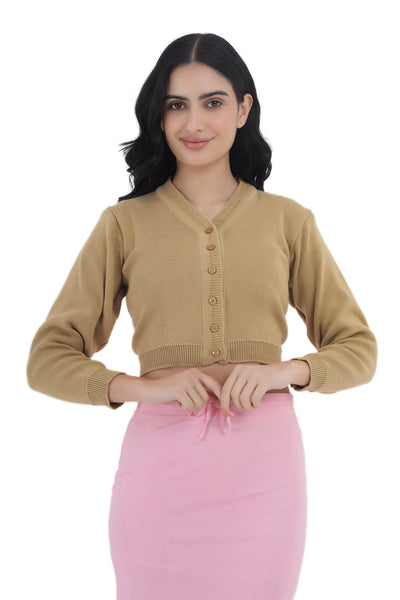 FEMULA V- Neck Women Full Sleeves Stitched Ready to Wear Woolen Blouse ( Biscuit Brown )