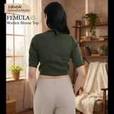 FEMULA V-Neck, Half Sleeves, Solid Color, Woolen Ready to Wear Blouse ( Olive Green )