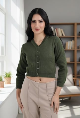 FEMULA V- Neck Women Full Sleeves Stitched Ready to Wear Woolen Blouse ( Olive Green )