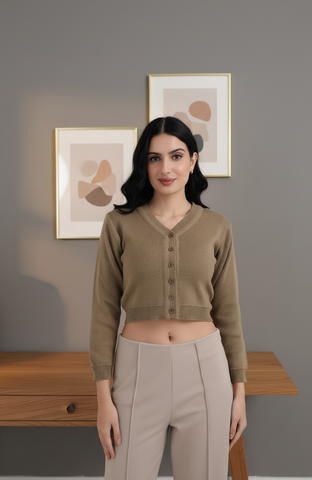 FEMULA V- Neck Women Full Sleeves Stitched Ready to Wear Woolen Blouse ( Mouse Brown )