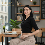 FEMULA V-Neck, Half Sleeves, Solid Color, Woolen Ready to Wear Blouse ( Black )