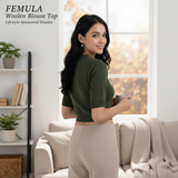 FEMULA V-Neck, Half Sleeves, Solid Color, Woolen Ready to Wear Blouse ( Olive Green )