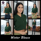 FEMULA V-Neck, Half Sleeves, Solid Color, Woolen Ready to Wear Blouse ( Bottle Green )
