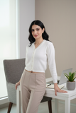 FEMULA V- Neck Women Full Sleeves Stitched Ready to Wear Woolen Blouse ( White )