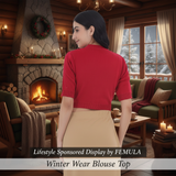 FEMULA V-Neck, Half Sleeves, Solid Color, Woolen Ready to Wear Blouse ( Pink Red )