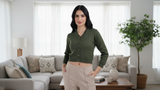 FEMULA V- Neck Women Full Sleeves Stitched Ready to Wear Woolen Blouse ( Olive Green )