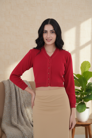 FEMULA V- Neck Women Full Sleeves Stitched Ready to Wear Woolen Blouse ( Pink Red )