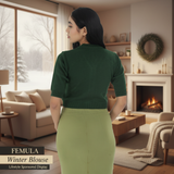 FEMULA V-Neck, Half Sleeves, Solid Color, Woolen Ready to Wear Blouse ( Bottle Green )