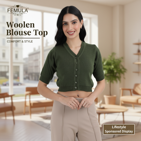 FEMULA V-Neck, Half Sleeves, Solid Color, Woolen Ready to Wear Blouse ( Olive Green )