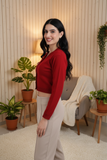 FEMULA V- Neck Women Full Sleeves Stitched Ready to Wear Woolen Blouse ( Red )