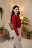 FEMULA V- Neck Women Full Sleeves Stitched Ready to Wear Woolen Blouse ( Red )