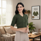 FEMULA V-Neck, Half Sleeves, Solid Color, Woolen Ready to Wear Blouse ( Olive Green )