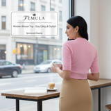 FEMULA V-Neck, Half Sleeves, Solid Color, Woolen Ready to Wear Blouse ( Baby Pink )