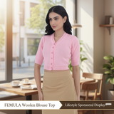 FEMULA V-Neck, Half Sleeves, Solid Color, Woolen Ready to Wear Blouse ( Baby Pink )