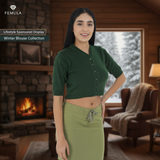FEMULA V-Neck, Half Sleeves, Solid Color, Woolen Ready to Wear Blouse ( Bottle Green )