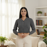FEMULA V- Neck Women Full Sleeves Stitched Ready to Wear Woolen Blouse ( Steel Grey )