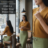 FEMULA V-Neck, Half Sleeves, Solid Color, Woolen Ready to Wear Blouse ( Mustard Brown )