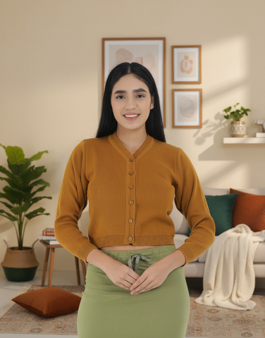 FEMULA V- Neck Women Full Sleeves Stitched Ready to Wear Woolen Blouse ( Mustard Brown )
