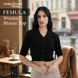 FEMULA V-Neck, Half Sleeves, Solid Color, Woolen Ready to Wear Blouse ( Black )