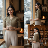 FEMULA V-Neck, Half Sleeves, Solid Color, Woolen Ready to Wear Blouse ( Mouse Brown )