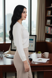 FEMULA V- Neck Women Full Sleeves Stitched Ready to Wear Woolen Blouse ( White )