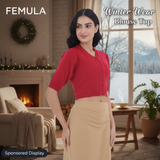 FEMULA V-Neck, Half Sleeves, Solid Color, Woolen Ready to Wear Blouse ( Pink Red )