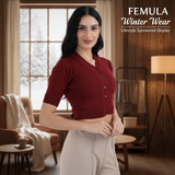FEMULA V-Neck, Half Sleeves, Solid Color, Woolen Ready to Wear Blouse ( Maroon )