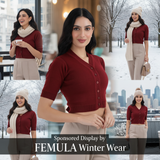 FEMULA V-Neck, Half Sleeves, Solid Color, Woolen Ready to Wear Blouse ( Maroon )
