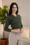 FEMULA V- Neck Women Full Sleeves Stitched Ready to Wear Woolen Blouse ( Olive Green )