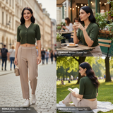 FEMULA V-Neck, Half Sleeves, Solid Color, Woolen Ready to Wear Blouse ( Olive Green )