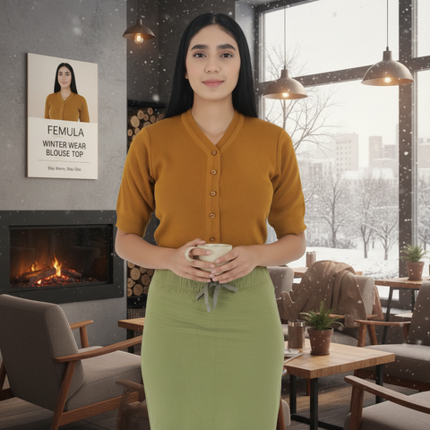 FEMULA V-Neck, Half Sleeves, Solid Color, Woolen Ready to Wear Blouse ( Mustard Brown )