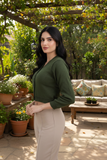 FEMULA V- Neck Women Full Sleeves Stitched Ready to Wear Woolen Blouse ( Olive Green )