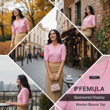 FEMULA V-Neck, Half Sleeves, Solid Color, Woolen Ready to Wear Blouse ( Baby Pink )