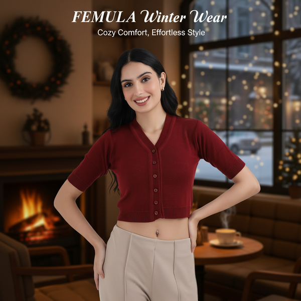 FEMULA V-Neck, Half Sleeves, Solid Color, Woolen Ready to Wear Blouse ( Maroon )