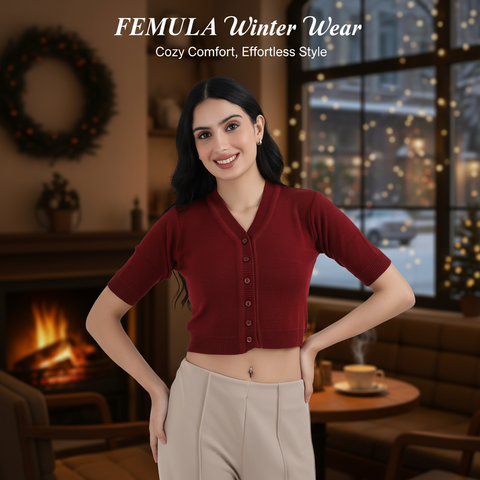 FEMULA V-Neck, Half Sleeves, Solid Color, Woolen Ready to Wear Blouse ( Maroon )