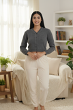 FEMULA V- Neck Women Full Sleeves Stitched Ready to Wear Woolen Blouse ( Steel Grey )