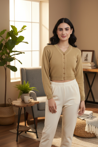 FEMULA V- Neck Women Full Sleeves Stitched Ready to Wear Woolen Blouse ( Biscuit Brown )