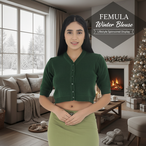 FEMULA V-Neck, Half Sleeves, Solid Color, Woolen Ready to Wear Blouse ( Bottle Green )