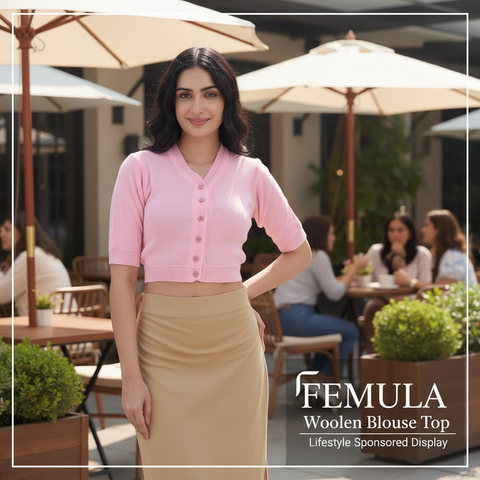 FEMULA V-Neck, Half Sleeves, Solid Color, Woolen Ready to Wear Blouse ( Baby Pink )