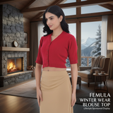 FEMULA V-Neck, Half Sleeves, Solid Color, Woolen Ready to Wear Blouse ( Pink Red )
