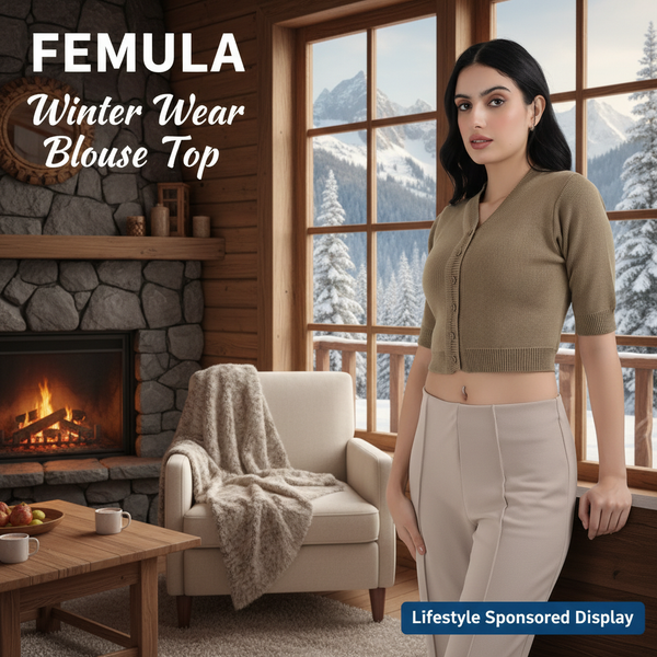 FEMULA V-Neck, Half Sleeves, Solid Color, Woolen Ready to Wear Blouse ( Mouse Brown )