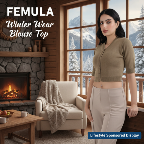 FEMULA V-Neck, Half Sleeves, Solid Color, Woolen Ready to Wear Blouse ( Mouse Brown )