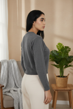 FEMULA V- Neck Women Full Sleeves Stitched Ready to Wear Woolen Blouse ( Steel Grey )