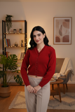 FEMULA V- Neck Women Full Sleeves Stitched Ready to Wear Woolen Blouse ( Red )